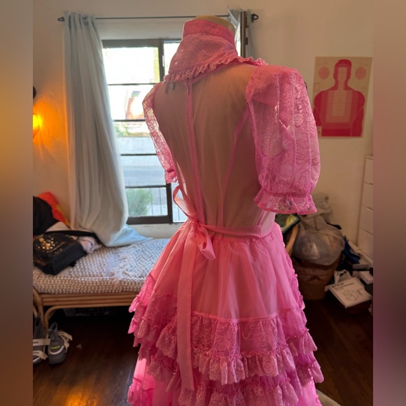 Current Mood Vibrant Pink Lace Layered Semi Sheer Maxi Dress size S NWOT - Picture 14 of 17